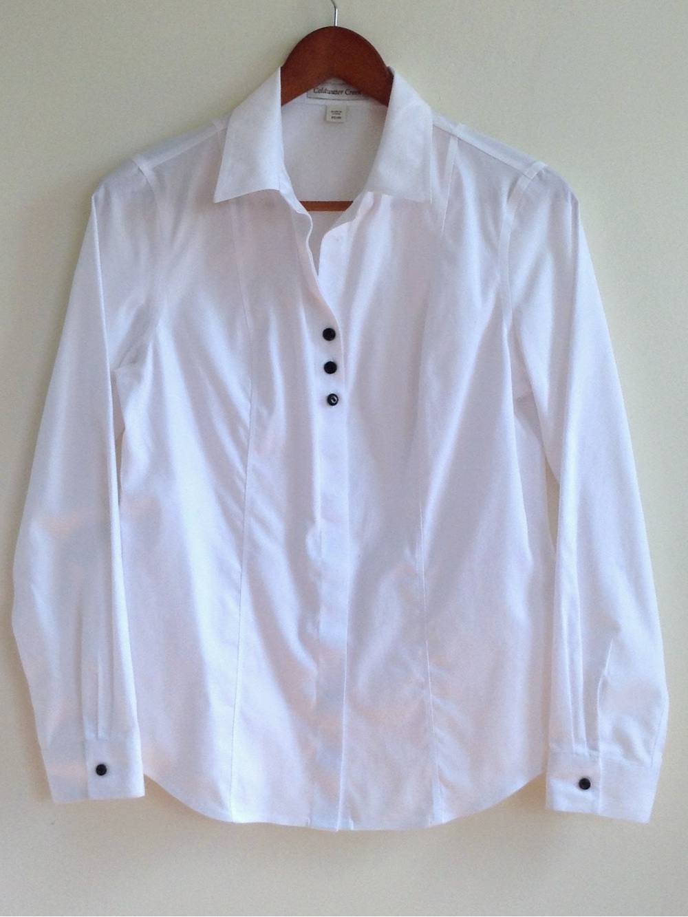 Coldwater Creek White Button Up Shirt Black Buttons Hidden Placket Minimalist S